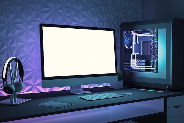 White blank screen of computer monitor in home office