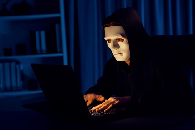 White criminal anonymous mask installing coding password encryption Pecuniary