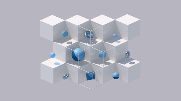 white cubes and blue shapes. gray background, hard light. abstract illustration, 3d render.