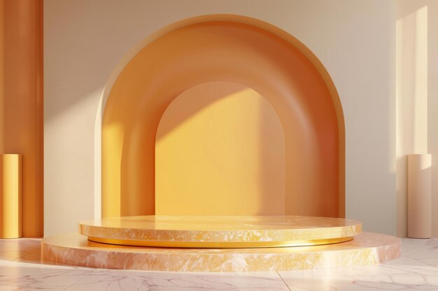 white marble Podium stand studio room luxury gold color background 3d pedestal platform background