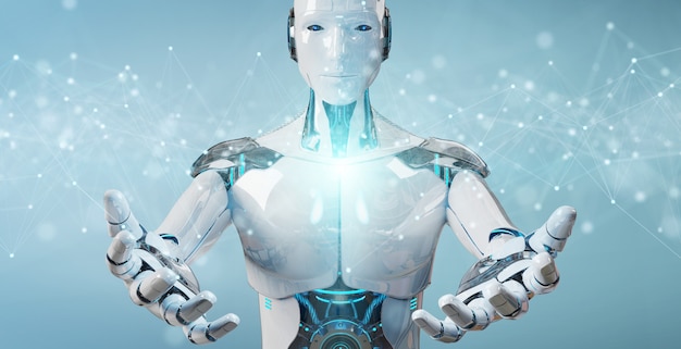 White robot using floating digital network connections with dots and lines