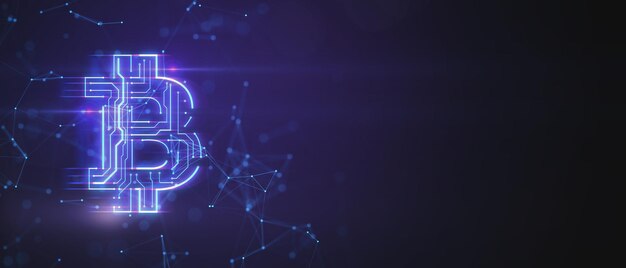 Wide purple backdrop with polygonal bitcoin hologram and mock up place 3D Rendering