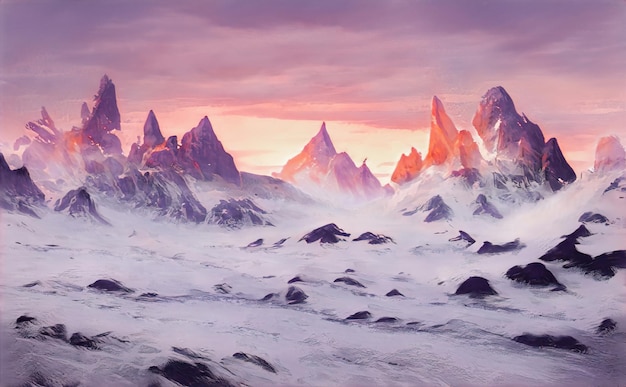 winter fabulous panoramic landscape mountains, mountain peaks amazing view. magical winter snow nature valley of mountains and ridges. illustration