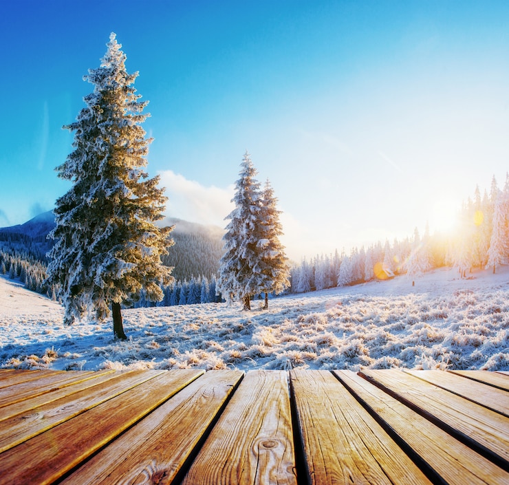 Bild winter landscape and shabby table on a sunset. mountains carpathians, ukraine