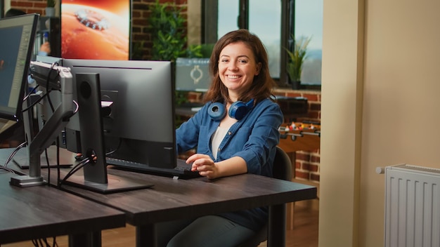 Woman content creator working with 3d render software