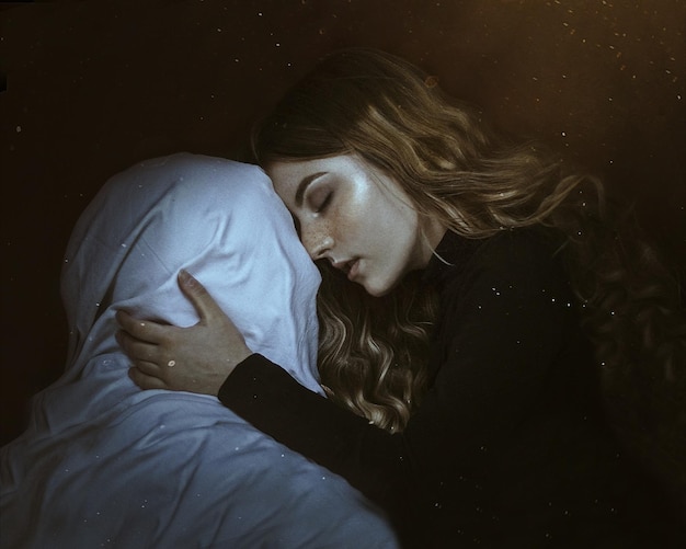 woman embracing man covered with white fabric against brown background