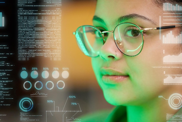 Woman face and programmer with coding overlay at night in software troubleshooting or diagnostics at office Female person coder or hacker working late in digital data analytics or double exposure