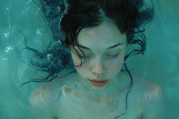 woman has hair up and looking down in the water high quality high resolution