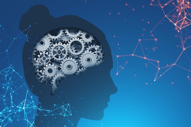 Woman head silhouette with brain with gears inside it over dark blue background with polygons. Concept of creative thinking. 3d rendering toned image double exposure
