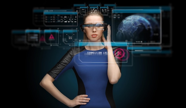 woman in virtual reality 3d glasses with screens