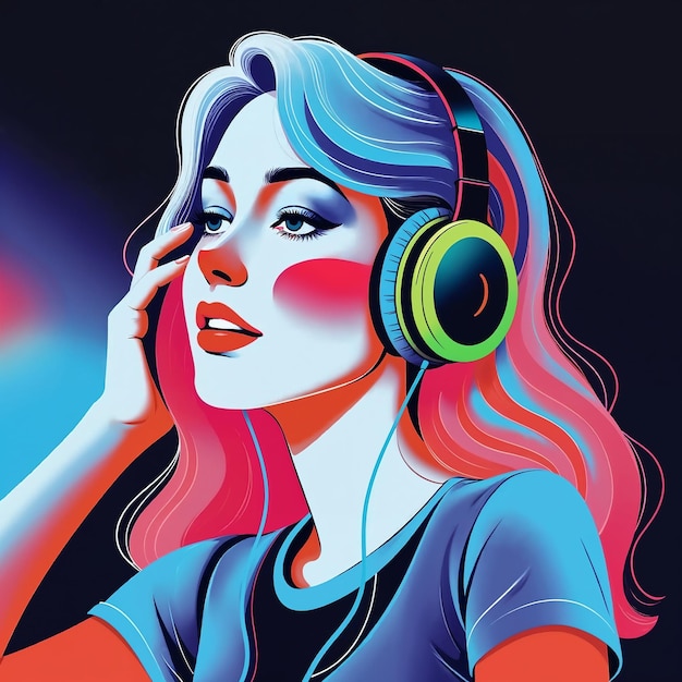 woman listening to music with colorful headphones