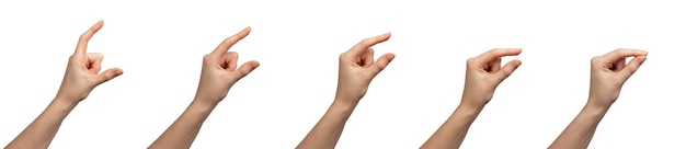 Woman showing size with hand gesture small to large Person s finger movements white background
