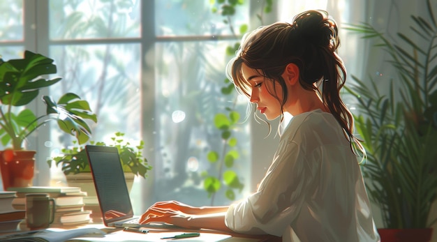 woman typing on laptop in a sunny room