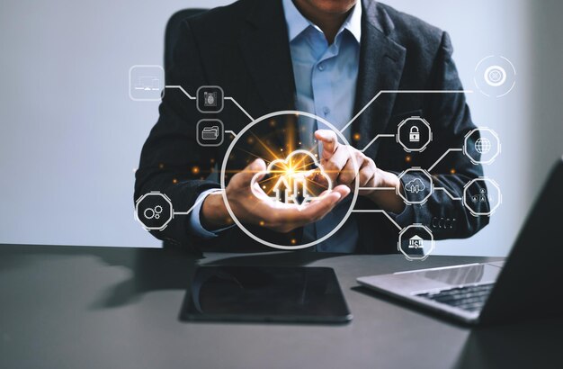 Woman use Laptop computer and tablet with cloud computing diagram show on hand Cloud technology