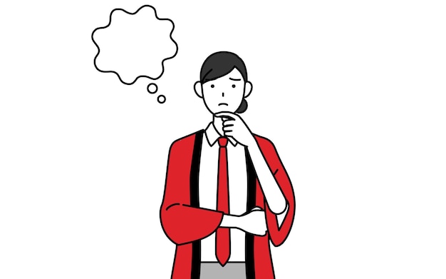 woman wearing a red happi coat thinking while scratching her face