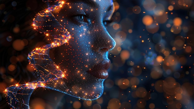 woman with digital DNA helix and data screen digitalization