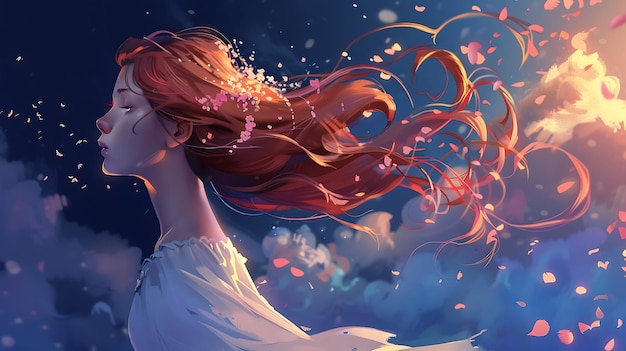 woman with flowing red hair amidst a flurry of pink petals