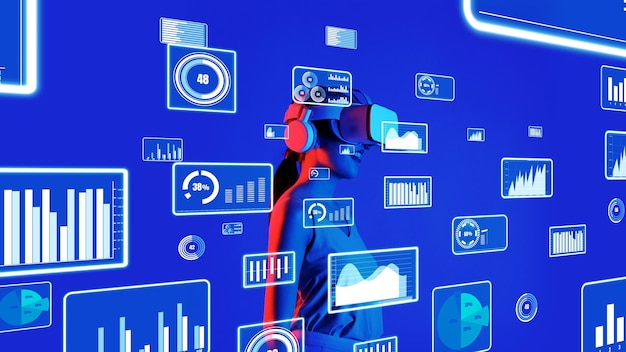 Woman with VR looking analyzed data graph report blue background Hallucination