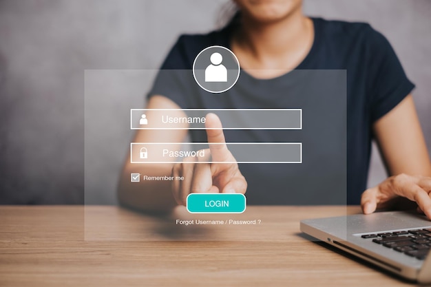 woman working on laptop computer with login and password on screen display cyber security concept data protection and secured internet access