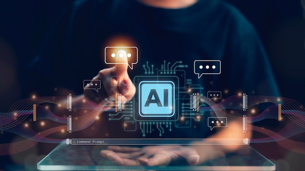 Women use AI to help work AI Learning and Artificial Intelligence Concepts Business modern technology internet and networking concepts AI technology in everyday life