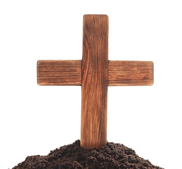 Wooden cemetery cross against white background