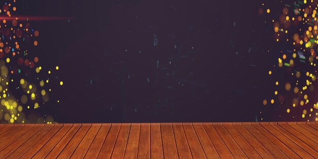 Wooden floor against a sparkling bokeh and dark abstract backdrop
