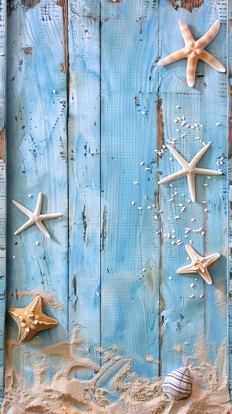 Bild wooden light blue background with sand and starfish digital backdrop for photography