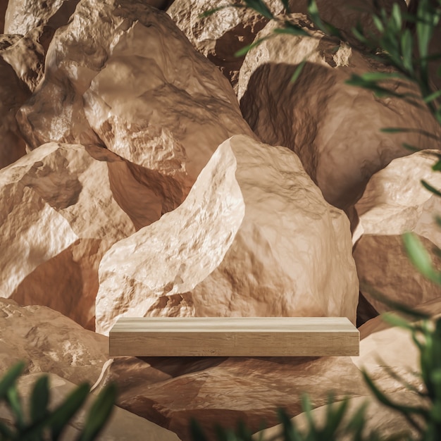wooden plank on beige rock on rocks background blur plant foreground