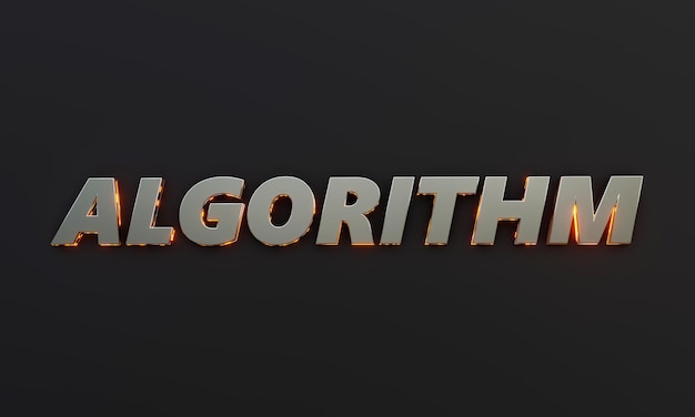 Word Algorithm is written on dark background with cinematic and neon text effect 3D Rendering