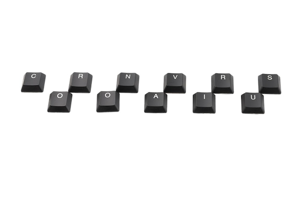 Word Coronavirus written on keyboard Isolated on white Top view