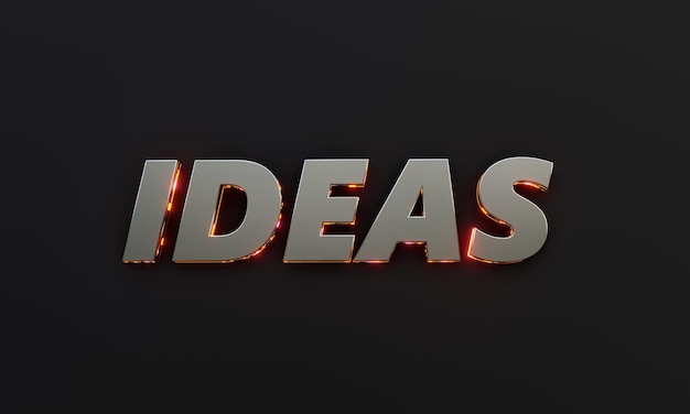 Word Ideas is written on dark background with cinematic and neon text effect 3D Rendering