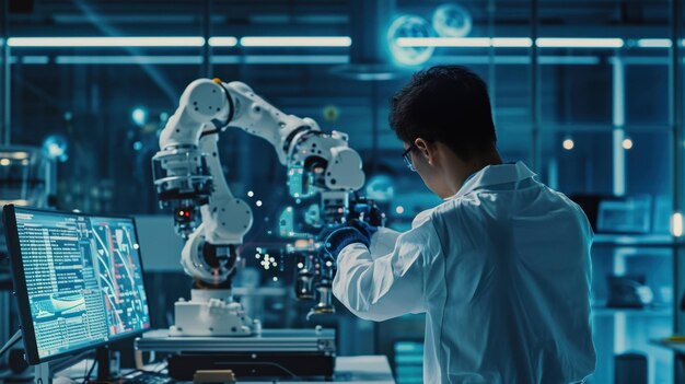 work of a robotics engineer with robotics arm in a lab