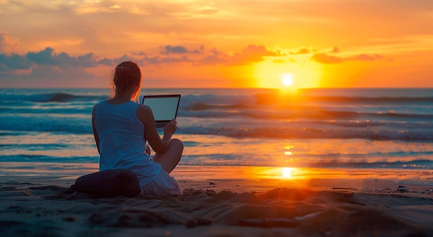 working on laptop at sunset beach