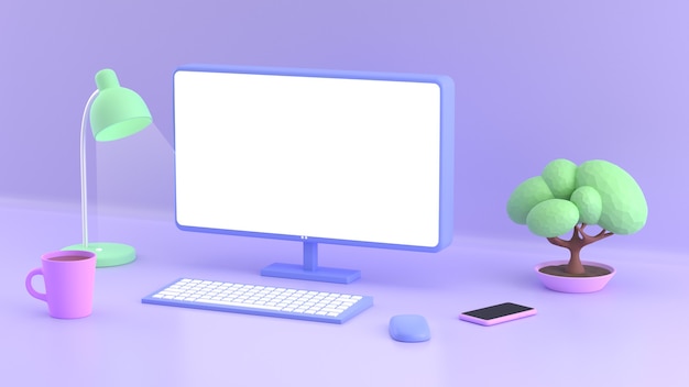 workplace in cartoon style Blank computer screen