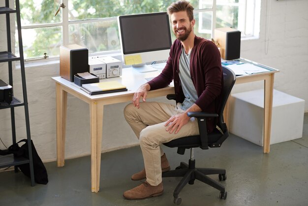 Workspace business and man in portrait in office startup project and management with pride Creative agency male graphic designer and confidence for career planning and professional for job