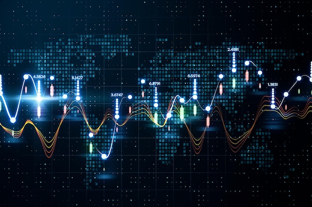World trade market statistics concept with digital glowing graphs and indicators on abstract world map backdrop