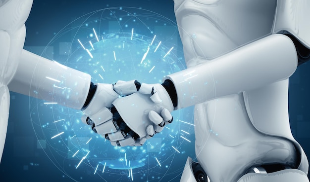 XAI 3D rendering humanoid robot handshake to collaborate future technology