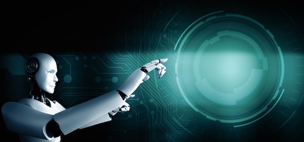 Xai ai humanoid robot touching finger at copy space