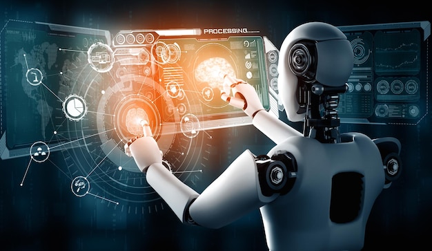 XAI AI humanoid robot touching virtual hologram screen showing concept of AI brain