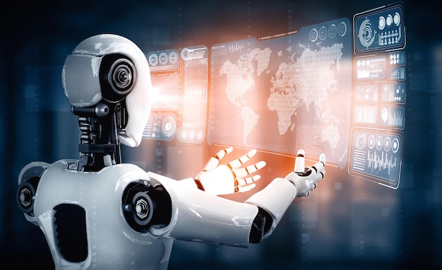 Xai AI-humanoidrobot holder virtuel hologramskærm, der viser konceptet for big data