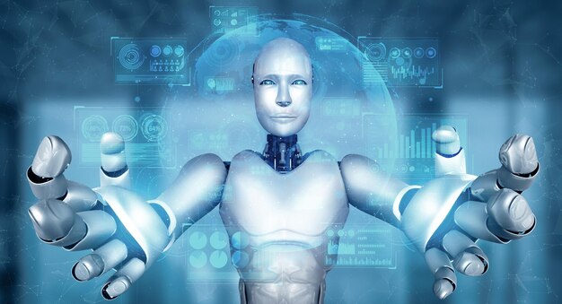 Xai AI-humanoidrobot holder virtuel hologramskærm, der viser konceptet for big data