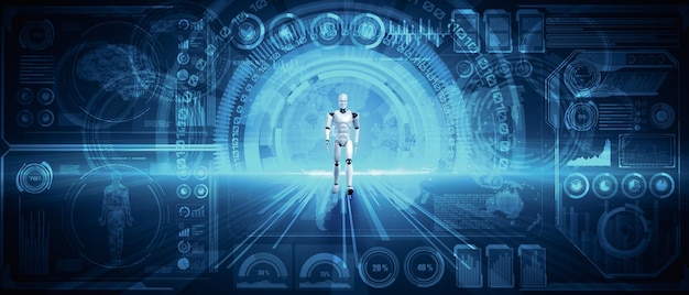 Xai d rendering robot humanoid analyzing big data using ai thinking