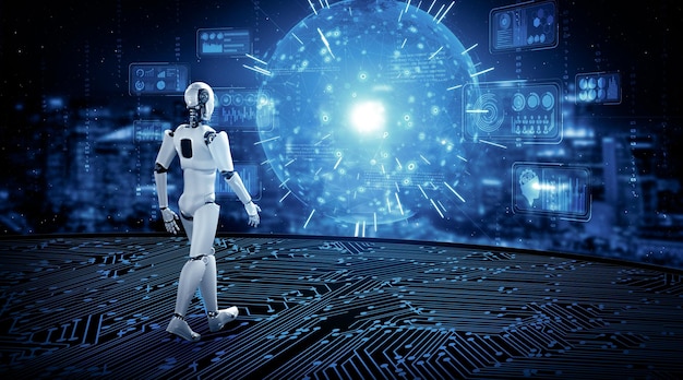 Xai d rendering robot humanoid in sci fi fantasy world