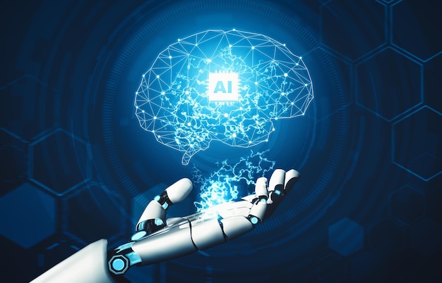 XAI Futuristic AI thinking of droid robot artificial intelligence concept