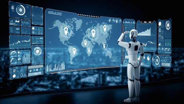 XAI hominoid AI robot looking at hologram screen showing concept of big data