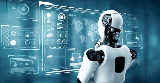 Xai thinking ai hominoid robot analyzing hologram screen showing concept big data