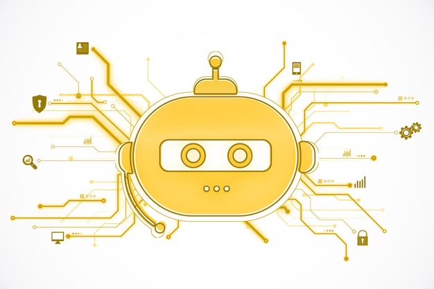 yellow robotic face with technology icons on a white background 3d rendering