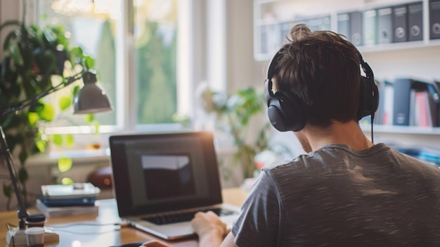 Young Adult Working at Home With Headphones in Brightly Lit Room