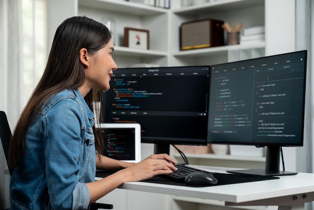 Young Asian in IT creating with typing online information on pc Stratagem