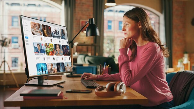 Young Beautiful Woman Watching Videos on Online Streaming Service Creative Female Checking Social Media Browsing Internet Consuming Content From Influencers Urban City View from Big Window